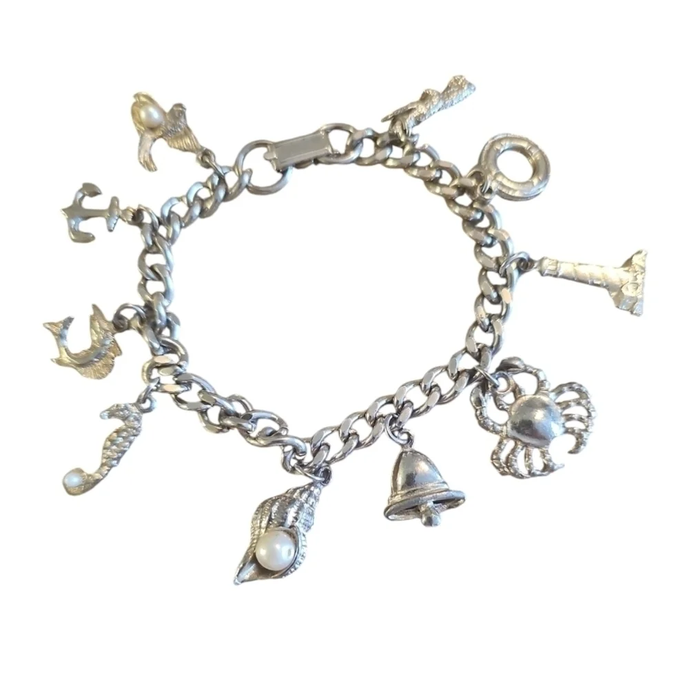 Chunky Charm Bracelet, Vintage Nautical Ocean Vacation Theme, Silvertone
